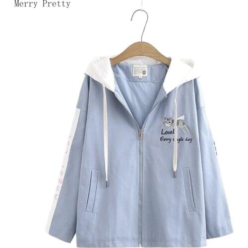 Women Cartoon Cat Embroidery Pullover Jacket 2021 Spring New Ziptter Loose Patchwork Loose Casual Hooded Jacket For Outdoor