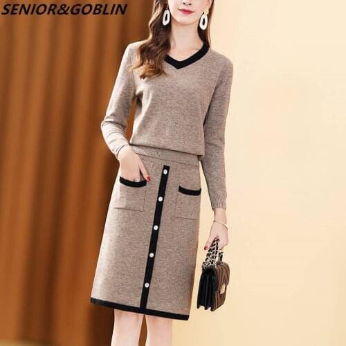 2020 New womens Two Piece Set Autumn Winter Knitted Suit Women Solid Pullover Sweater +Female Elastic Knit Package Hip Skirt
