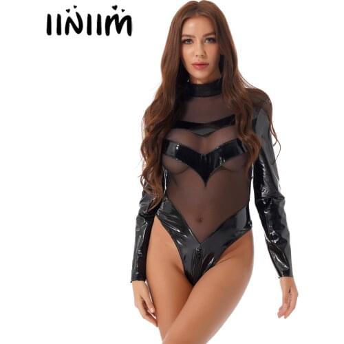 Iiniim Womens Lingerie See-through Mesh Patchwork Bodysuit Zipper Back Mock Neck Sexy Catsuit Patent Leather Leotard Clubwear