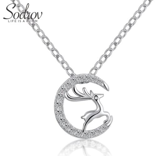 Sodrov Authentic 925 Sterling Silver Cute Animal Deer Necklaces Pendants Women Silver Jewelry