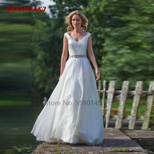 Elegant Beach Boho Wedding Dress 2020 With V Neck Sparking Sash A Line Modest Bridal Gown Vestido De Novia Online Shop Mariage