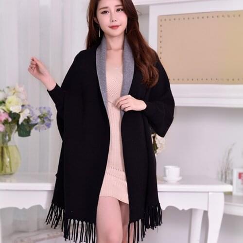 Winter Reversible Black Sleeve Poncho for Women Warm Scarf Stoles Thicken Pashmina Shawls and Wraps Tassel Wearable Poncho Capes