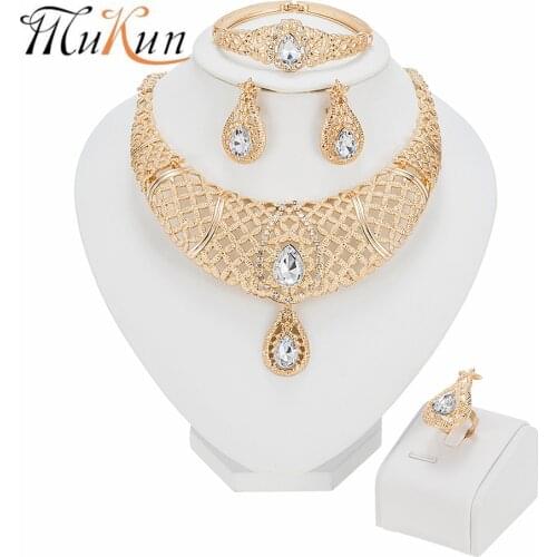 Dubai Gold Color Jewelry Sets African Beads Jewelry Set Women Turkish Bridal Wedding Crystal Necklace Earrings Bracelet Ring