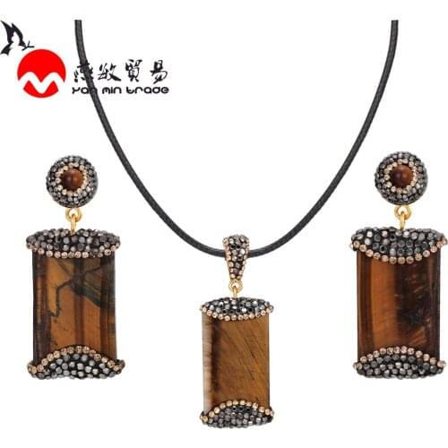 2020 Fashion Natural Tiger Eyes Stone Jewelry Sets Women Handmade Inlay Shining Rhinestone Earrings Stone Necklace Jewellery Set