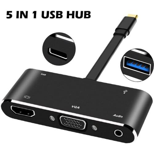 5 In 1 Type C Adapter Hunderbolt to HDMI-compatible VGA USB 3.0 and 3.5mm Jack Audio PD Charging for MacBook Laptop Phone