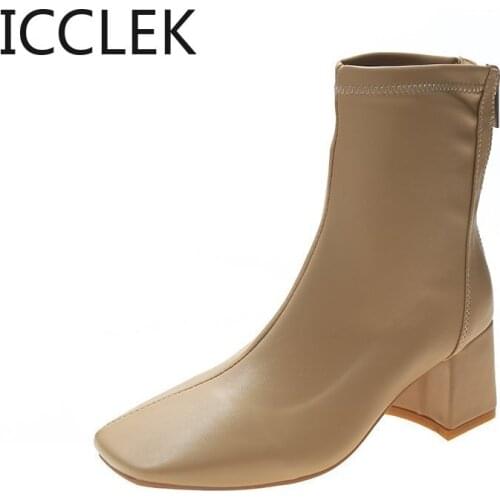 2020 New Fashion Leather Square Toe Women Ankle Boots Fashion Zipper Boots Sexy Square High Heel Winter Botas De Mujer A114