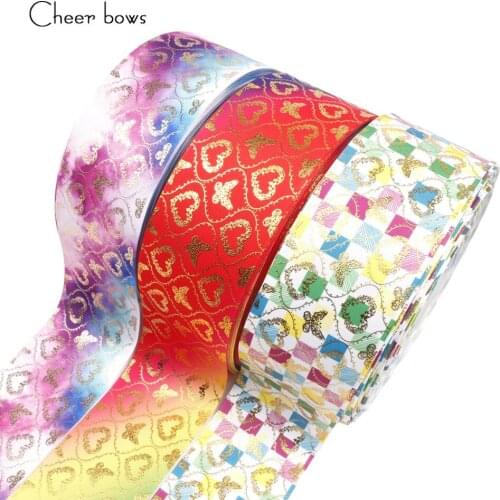 Cheer bow 75mm Grosgrain Ribbon Gold Lover Heart Printed Ribbon Wedding Party Decoration Gifts Packing DIY Hair bows Materials