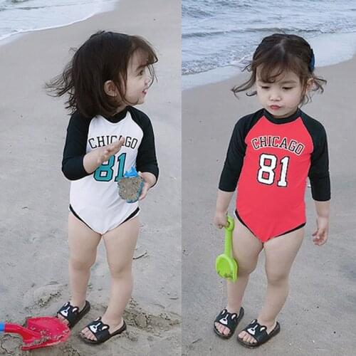 Childrens swimsuit girls one piece long sleeve sun-proof quick drying girls lovely swimsuit Korean Princess ins swimsuit