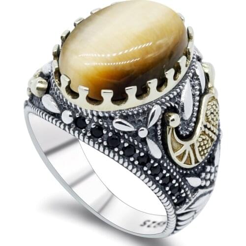 Hot sale 925 sterling silver ring Turkish jewelry eye golden tiger eye ring transparent black spinel mens ring high jewelry