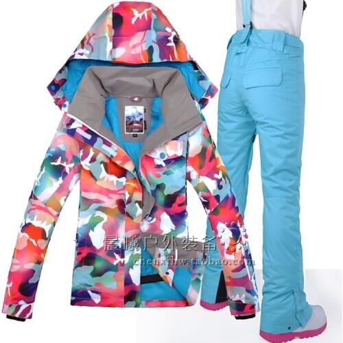 GSOU SNOW Women Ski Suit Warm Waterproof Windproof Ski Jackets Outdoor Wear Two Piece Snowboard Camping Wear Suit Set