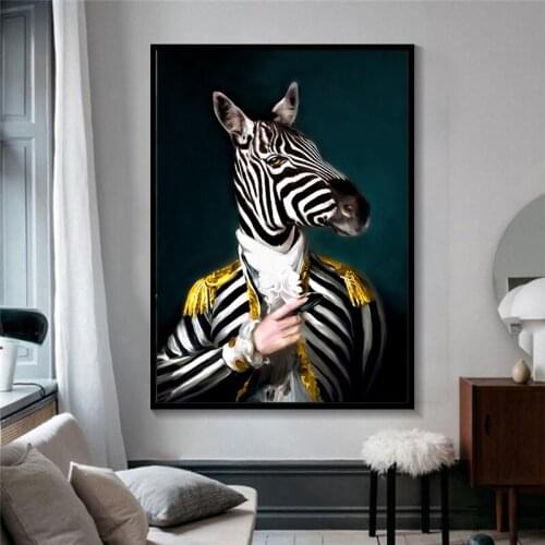 Black and White Animal Wearing A Hat Canvas Paintings on The Wall Classy Giraffe Lion Tiger Wolf Posters for Living Room Decor
