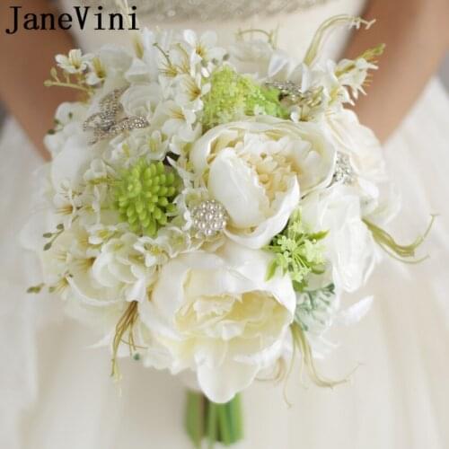 JaneVini Artificial Ivory White Rose Peony Bridal Wedding Flowers Brooch Bouquet For Bride Butterfly Pearls Bridal Bouquets 2018