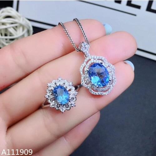 KJJEAXCMY boutique jewelry 925 sterling silver inlaid Natural Blue topaz gemstone pendant ring female suit support detection