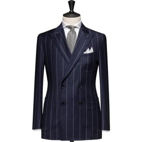 Costume Homme Blue Stripe Mens Suits Slim Fit Groom Wedding Tuxedos Best Man Prom Blazer Terno Masculino 2 Pieces Jacket+Pant