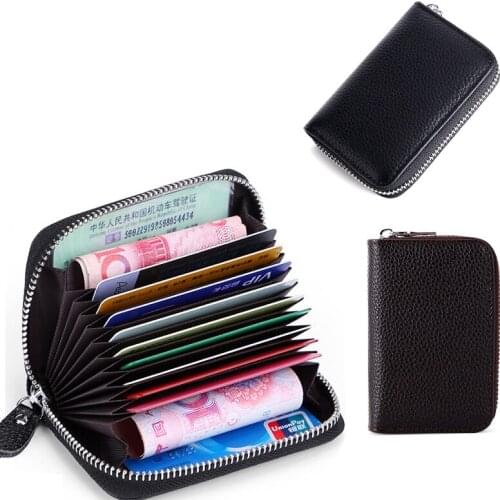 Unisex Solid Color Multifunction Business Card Holder Leather Credit Card Holder Men Women Zipper Card Case Zipper Coin Pocket