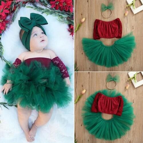 Fashion Xmas Outfit Infant Baby Girls Princess Christmas Clothes Lace Patchwork Top+Tutu Skirt + Lovely Bowknot