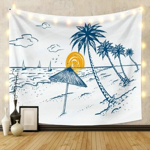 Cartoon Seaside Sunrise Landscape Tapestry Vintage Exotic Summer Plant Nature Frame for Bedroom Photography Wall Decor