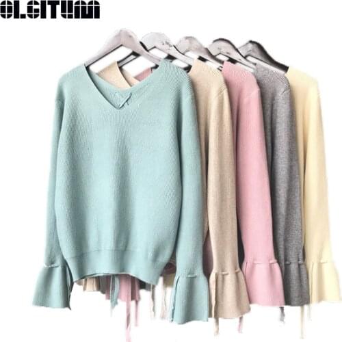 OLGITUM New 2020 Autumn Slim Sweater Women V-neck Pullover Korean Knitted Sweet Casual Lace up Solid Sweater One Size