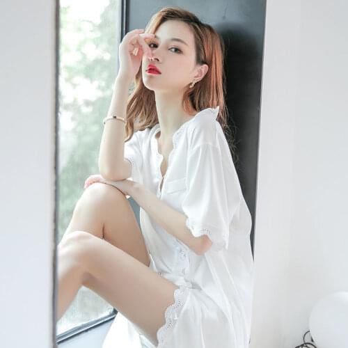 2021 New Nightdress Womens Summer Chiffon Embroidered Sexy Lace Nightgown Thin Medium Length Nightwear Home Wear Sleepwear