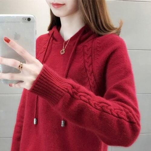 2021 Autumn Women Pullover Sweater Female Loose Hooded Long Sleeve Ladies Knitted Thick Fashion Polyester Sweater Tops H150