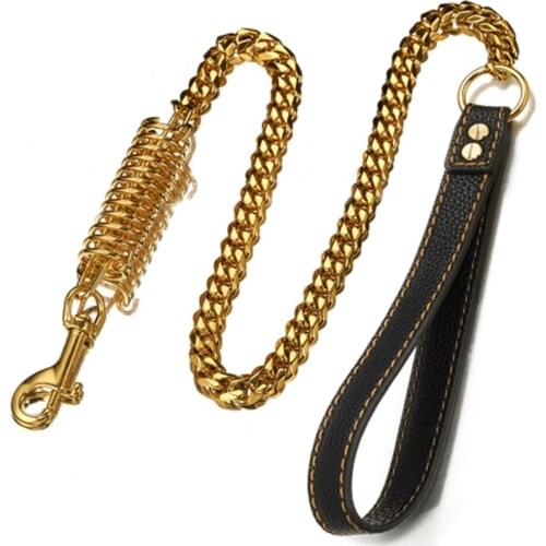 39" 15mm Strong Safety Anti-lost Collar Dog Leash Chain Cuban Curb Link Stainless Steel Gold Tone W/Leather Handle Strong Lead