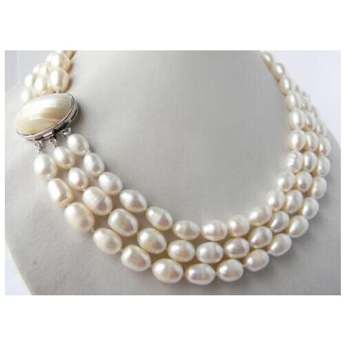 3Strands 18'' 9.5mm White Rice Freshwater Pearl Necklace