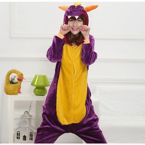 2020 Adults Animal Pajamas Cartoon Sleepwear Purple Dragon Dinosaur Pajamas Sets Anime Kigurumi Women Men Warm Flannel Hooded