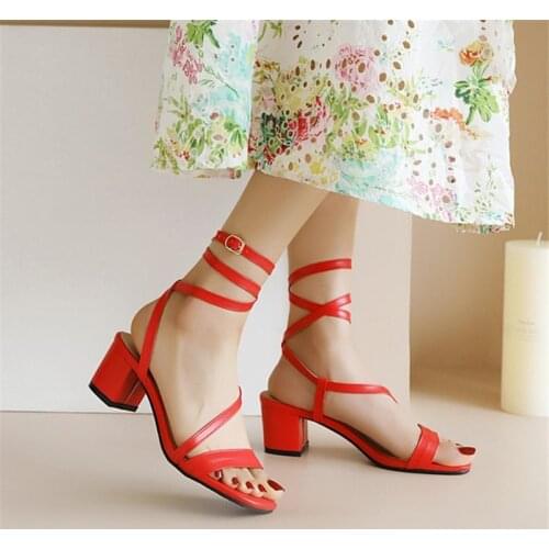 PXELENA Large Size 34-48 Rome Cross tied Gladiator Sandals Women Square Med Heels Strappy Party Office Lady Shoes 2021 Summer OL