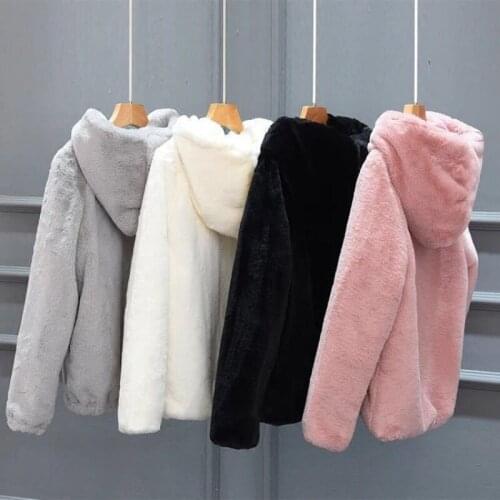 2021 Rabbit Imitation Fur Winter Coat Mink Faux Fur Fluffy Warm Jacket Hooded Soft Fashion Outerwear Casual Long Sleeve Coat
