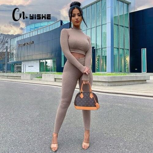 CNYISHE Sporty Workout Fitness Casual Matching Sets Women Tracksuit Long Sleeve Skinny Bodycon Crop Top And Leggings Pants Suits