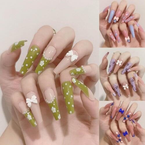 Three-dimensional bow flowers sweet heart shaped long trapezoidal wearable nail fake nails