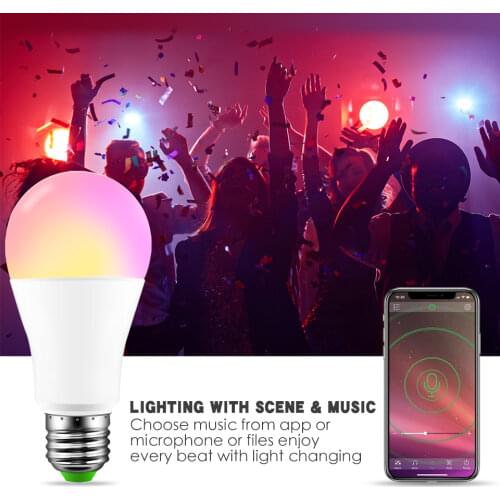 E27 RGBW Bluetooth 4.0 LED Light 15W APP Smart Voice Music Control Light Multi-Color LED Bulb Family Lighting Color Dimmable