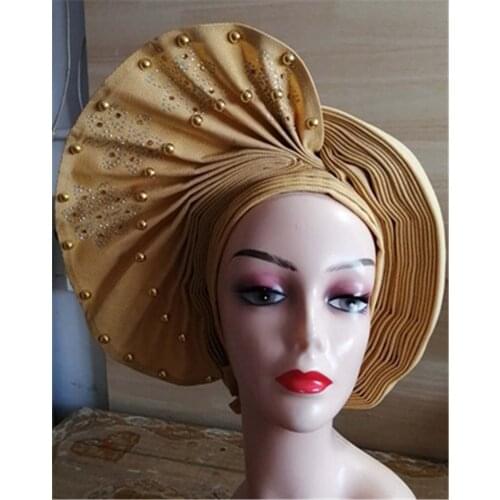 Fashion women african gele headtie aso oke with beads and stones 2019 high quality lace latest women head tie 2piece/lot