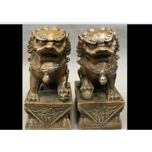 Zhaorui4884308+ +7" Chinese Bronze Copper FengShui Guardian Fu Foo Dog Lion Beast Statue Pair