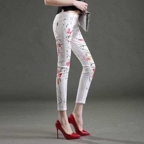 Spring Summer New White Print Jeans Women Zip Office Skinny Pencil Pants Streetwear Stretch Casual Denim Ankle-Length Trousers
