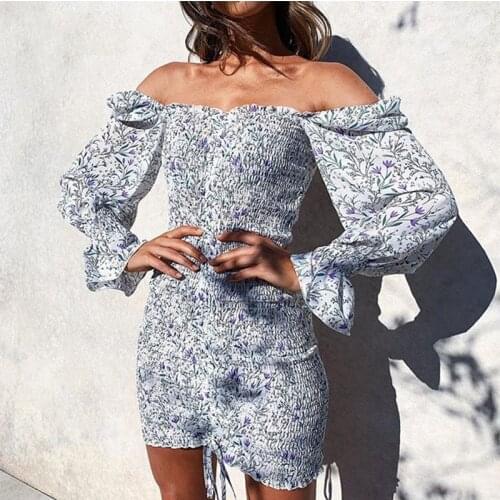 2020 Trendy Square Neck Floral Print Dress Women Long Sleeve Bodycon Mini Dress Boho Beach Dress for Girls Party Clothing