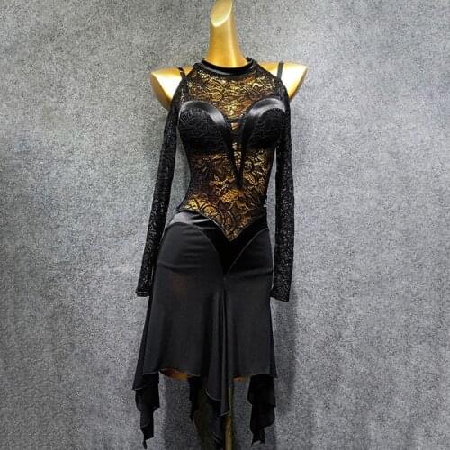 Irregular Lace Stitching Dress Perspective Latin Dance Dresses Off Shoulder Sexy Women Competition Costumes Practice Cloth