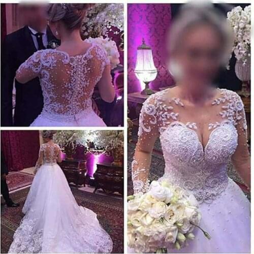 Vestidos De Novia Illusion Wedding Dress 2020 Custom Made Appliques Long Sleeves Bridal Gown Robe Mariee Ball