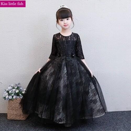 Free Shipping Black Long Lace Flower Girl Dress Girls Dress Long Dress Elegant