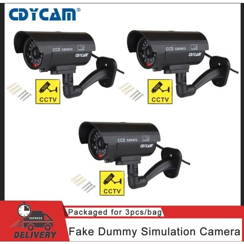 Cdycam 3pcs(1 bag) Fake Dummy Camera Bullet Waterproof Outdoor Indoor Security CCTV Surveillance Camera Flashing Red LED