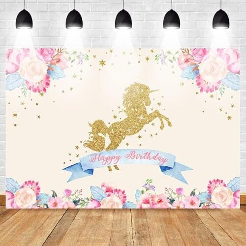 Happy Birthday Photography Backdrop for Kids Gold Horse Unicorn Flower Background Shiny Stars Baby Party Banner Decoration