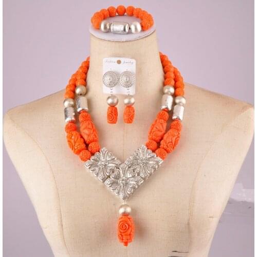 Graceful african wedding coral necklace orange nigerian coral beads carved flower artificial coral jewelry set C21-20-03