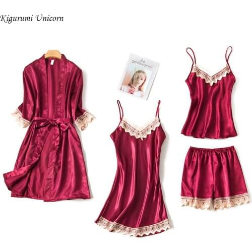 Fashion Women 4 Piece Sexy Pajamas Set Women Faux Silk Dressing Gown Lace Sling Shorts Summer Robe Sleepwear With Chest Pads