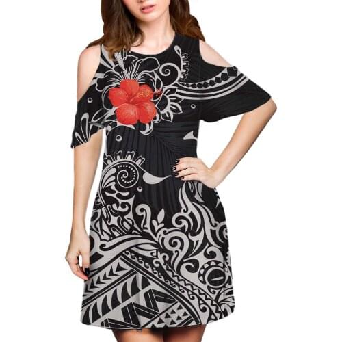 Hycool Trendy Polynesian Design Classic Women Midi Dress Summer Sexy Leakage Shoulder Dress Fashion Daily Casual Black Dresses