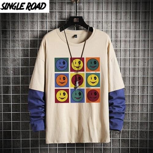 SingleRoad Mens T Shirt Men 2021 Spring Patchwork 100% Cotton Long Sleeve Tshirt Japanese Streetwear Oversized Khaki T-Shirt Men