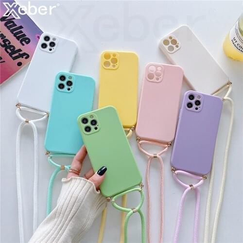 Fashion Necklace Square Soft Silicone Phone Case For iPhone 12 11 Pro Max XS X XR 6S 7 8 Plus Mini SE Luxury Lanyard Strap Cover