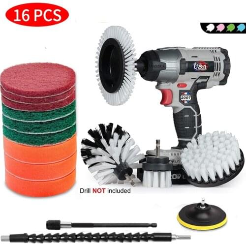 16PCs Electric Drill Brush Set, Scrub Pads & Sponge, Power Scrubber Brush Cleaning Kit with Scrub Pads & Drill bit Extender
