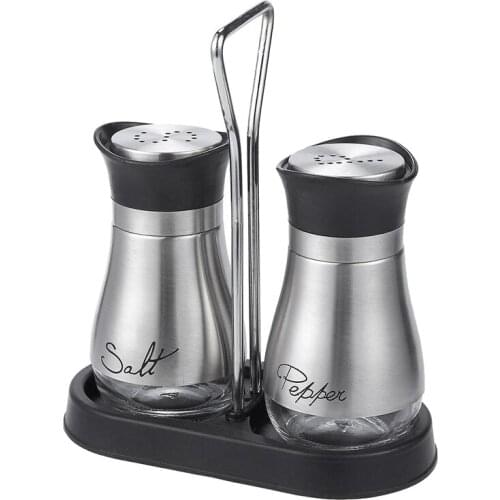 Salt and Pepper Shakers Set - High Grade Stainless Steel with Gl Bottom and 4 inch Stand - 4 inch x 6 inch x 2 inch, 4 Oz