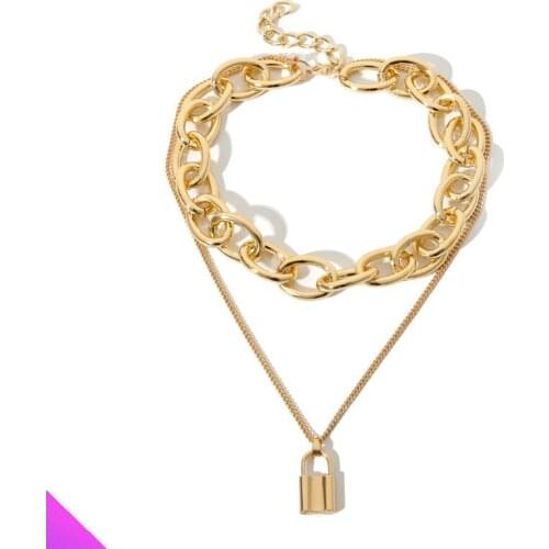 Wholesale 5 Vintage Lock Pendant Double Necklace Metal 2021 Summer Fashion Girl Ladies Jewelry Gift 2 Colors