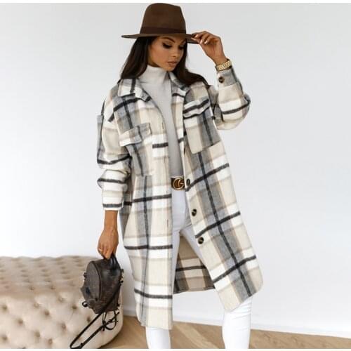 Autumn Winter Wool Coat Women Clothes Plaid Mid-length Jacket Long Sleeve Tops Casual Loose Warm Woman Outerwear ​Manteau Femme